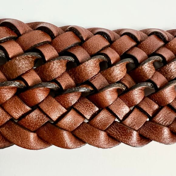 NEW Michael Kors Brown Braided Genuine Leather Belt Gold MK Logo Buckle S/M - Picture 6 of 7
